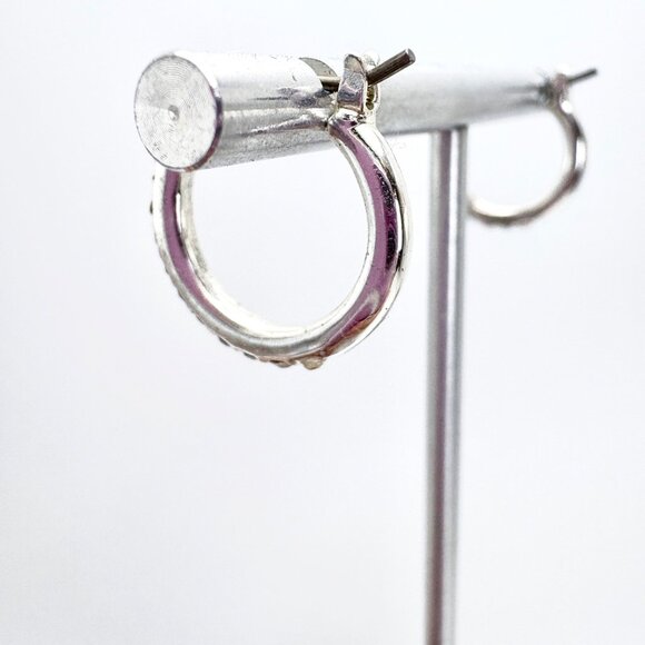 Silver Plated Small Cubic Zirconia Hoop Earrings Hinged Posts Sz 2/3" Diameter - Picture 6 of 9